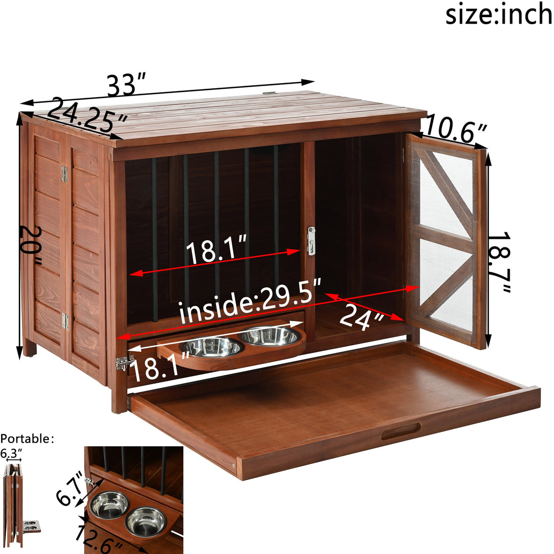 33' Solid Wood Dog Crate Furniture, Foldable Indoor Kennel with 360°