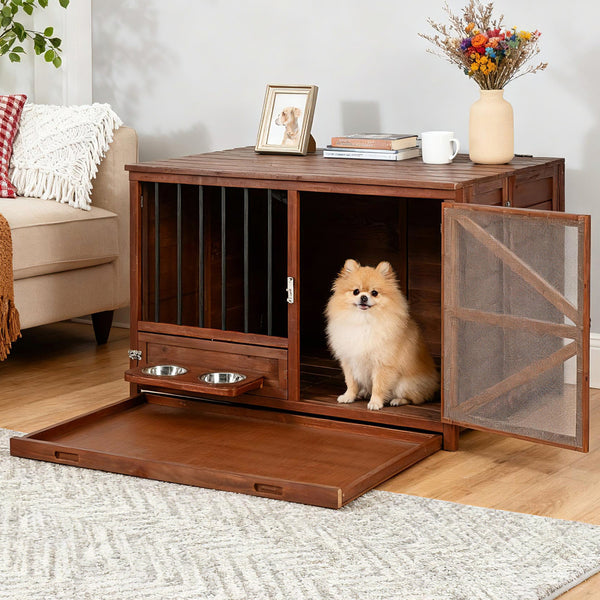 33' Solid Wood Dog Crate Furniture, Foldable Indoor Kennel with 360°